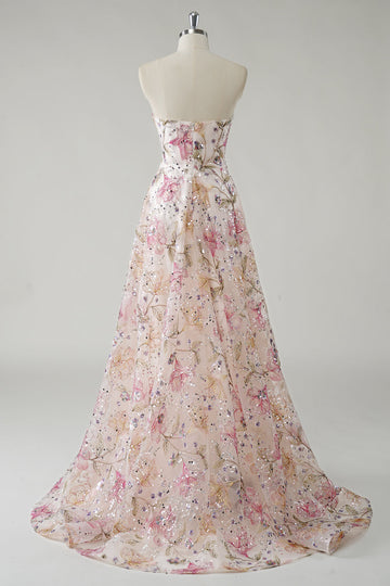 Sparkly Pink Strapless A-Line Sequin Floral Long Prom Dress
